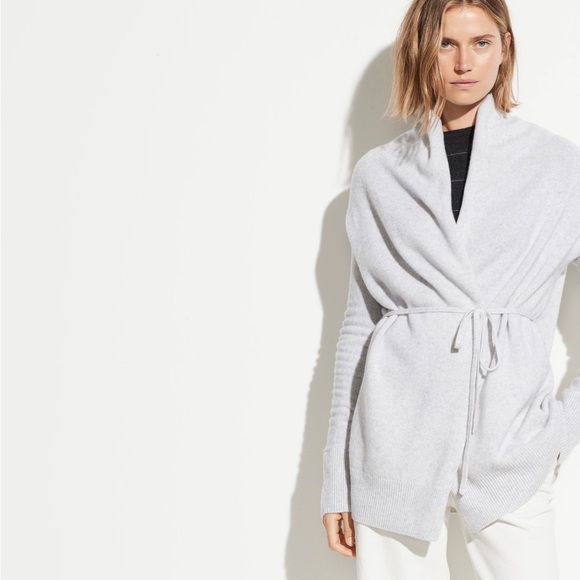 Vince light grey wool cashmere long tie front cardigan - Small - Picture 1 of 10